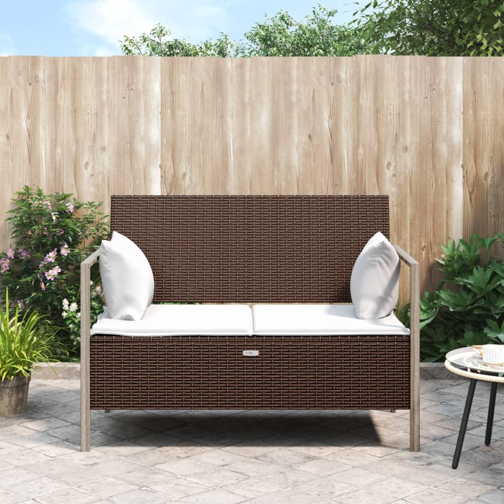 2-Seater Patio Bench with Cushions Brown Poly Rattan