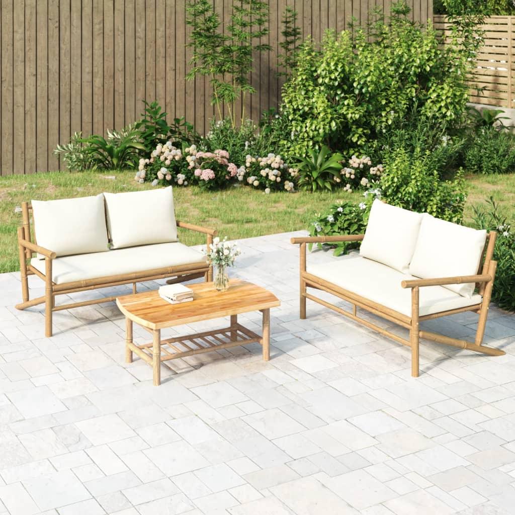 Patio Bench with Cream White Cushions Bamboo - vidaXL - 363453 - Set Shop and Smile