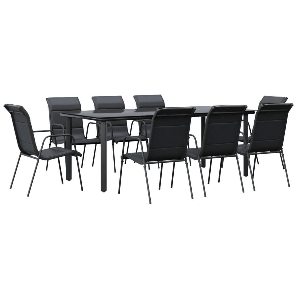 9 Piece Patio Dining Set Black Steel and Textilene