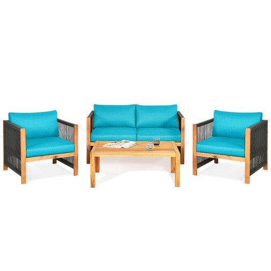 4 Pcs Acacia Wood Outdoor Patio Furniture Set with Cushions-Turquoise