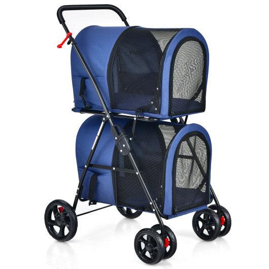 4-in-1 Double Pet Stroller with Detachable Carrier and Travel Carriage-Blue