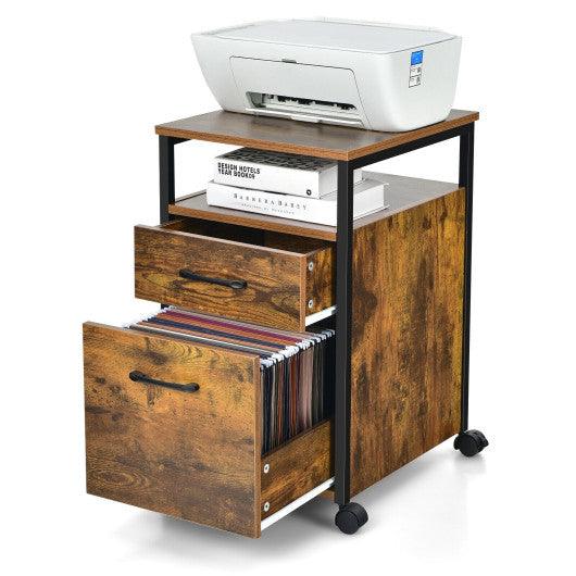 2 Drawer Mobile File Cabinet Printer Stand with Open Shelf for Letter Size-Rustic Brown at Set Shop and Smile