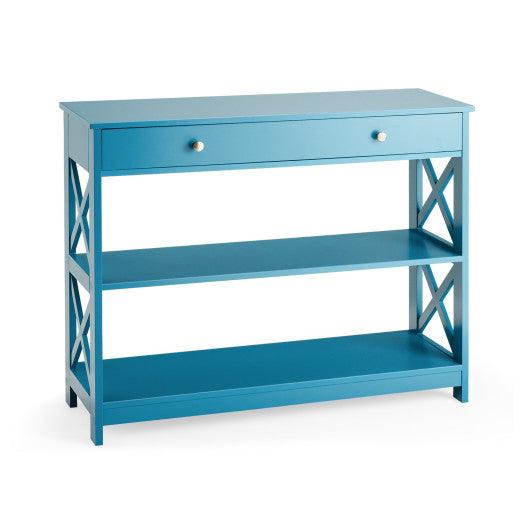 Console Table 3-Tier with Drawer and Storage Shelves-Blue