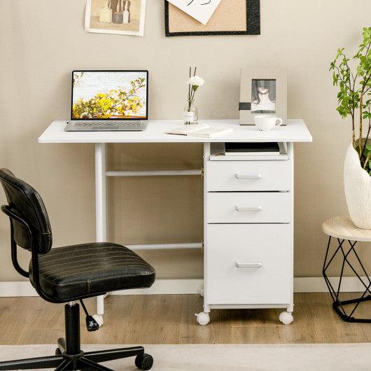 Home Office Folding Computer Laptop Desk Wheeled with 3 Drawers-White