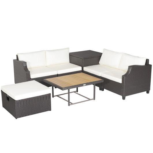 7 Pieces Hand-Woven Wicker Outdoor Furniture Set with Acacia Wood Coffee Table-White