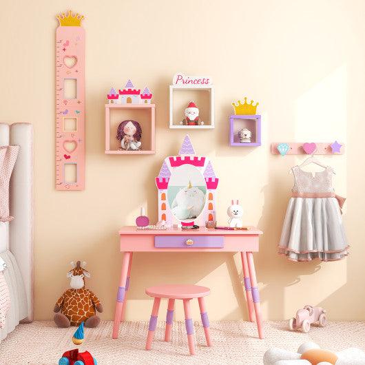 Kids Princess Vanity Table and Stool Set with Drawer and Mirror-Pink