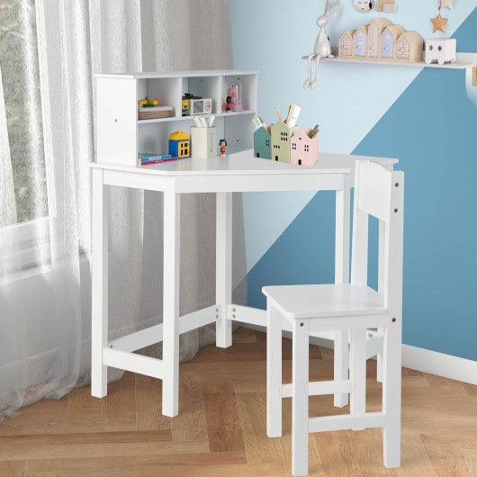 Kids Wooden Corner Desk and Chair Set with Hutch and Storage-White