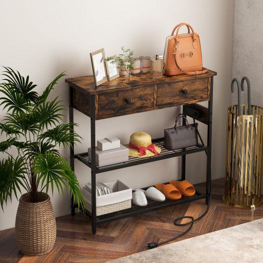 Narrow Console Table with 2 Drawers and 2 Metal Mesh Shelves-Rustic Brown