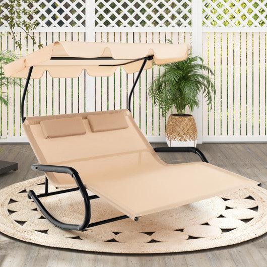 Outdoor 2 Persons Rocking Chaise Lounge with Canopy and Wheels-Beige