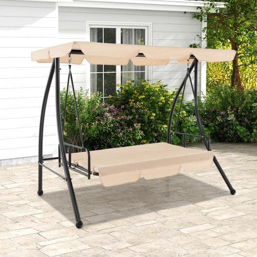 2-Seat Outdoor Convertible Swing Chair with Flat Bed and Adjustable Canopy-Beige