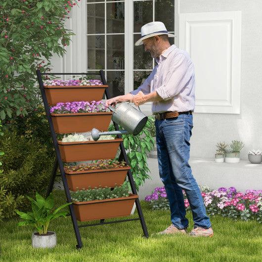 5-Tier Vertical Raised Garden Bed with Wheels and Container Boxes-Brown