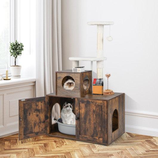 Cat Tree with Litter Box Enclosure with Cat Condo-Rustic Brown