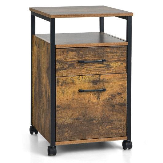 2 Drawer Mobile File Cabinet Printer Stand with Open Shelf for Letter Size-Rustic Brown at Set Shop and Smile