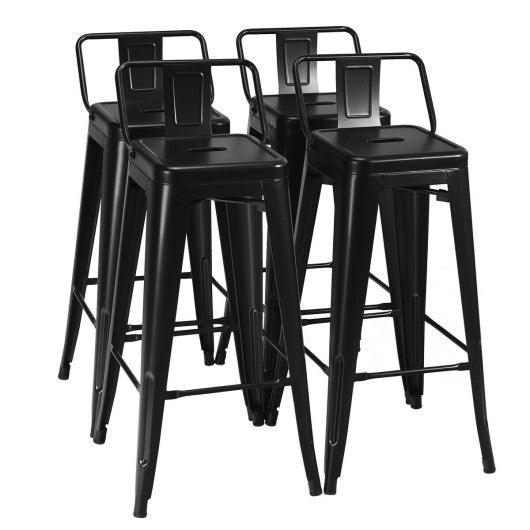 30 Inch Set of 4 Metal Counter Height Barstools with Low Back and Rubber Feet-Black