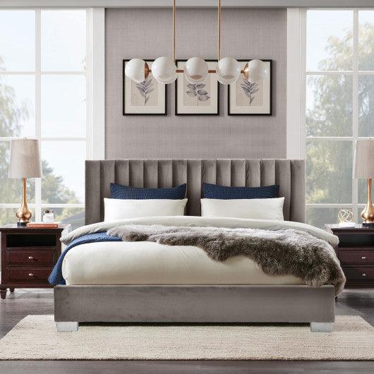 Full Tufted Upholstered Platform Bed Frame with Flannel Headboard-Light Gray