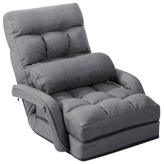 Folding Lazy Floor Chair Sofa with Armrests and Pillow-Gray