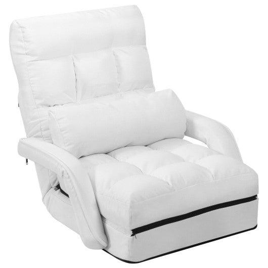 Folding Lazy Floor Chair Sofa with Armrests and Pillow-White