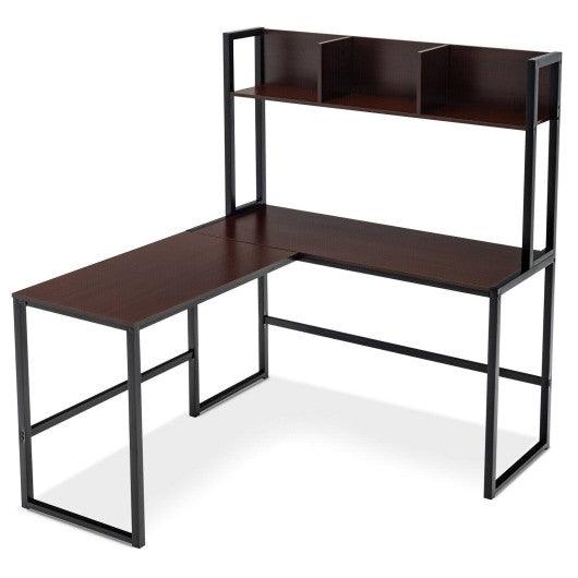 Reversible L-Shaped Corner Desk with Storage Bookshelf-Dark Brown