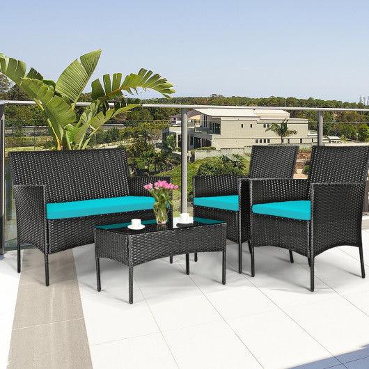 4 Pcs Patio Rattan Cushioned Sofa Furniture Set with Tempered Glass Coffee Table-Turquoise