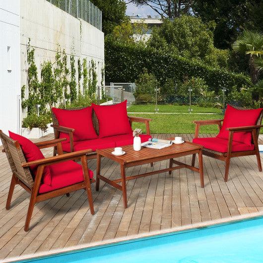 4 Piece  Acacia Wood Patio Rattan Furniture Set-Red