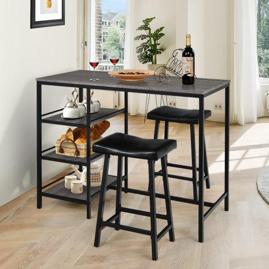 3 Pieces Counter Height Dining Bar Table Set with 2 Stools and 3 Storage Shelves-Black
