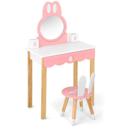 Kids Vanity Set Rabbit Makeup Dressing Table Chair Set with Mirror and Drawer-White
