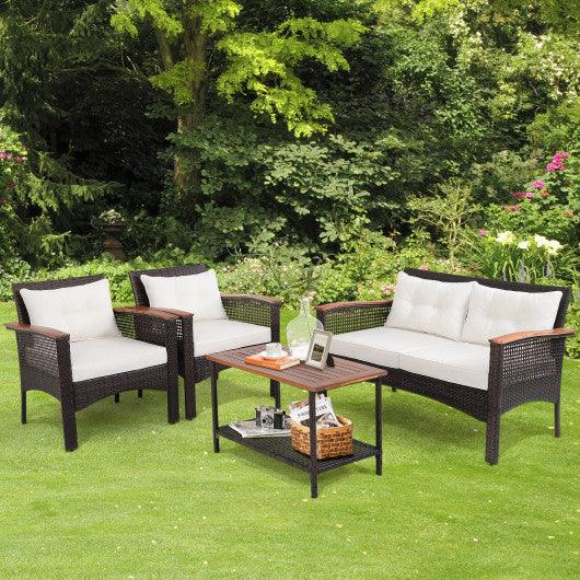 4 Pieces Patio Rattan Acacia Wood Furniture Set with Cushions and Armrest