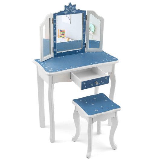 Princess Vanity Table and Chair Set with Tri-Folding Mirror and Snowflake Print-Blue