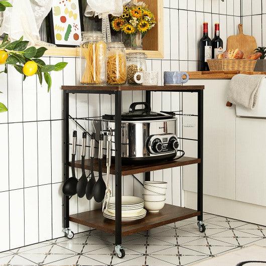3-Tier Kitchen Baker's Rack Microwave Oven Storage Cart with Hooks-Charcoal Brown