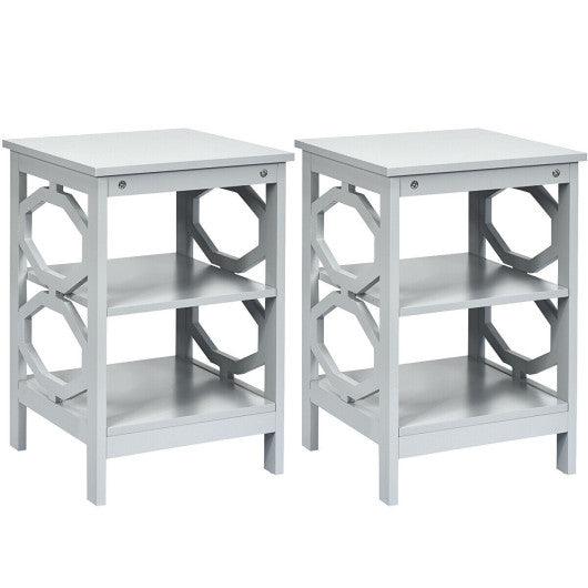 2 Pieces 3-tier Nightstand Sofa Side End Accent Table Storage Display Shelf-Gray