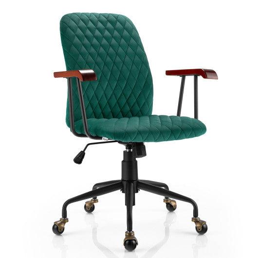 Velvet Home Office Chair with Wooden Armrest Green