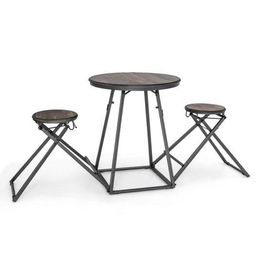 3 Pieces Dining Table Set with 2 Foldable Stools for Small Space-Gray