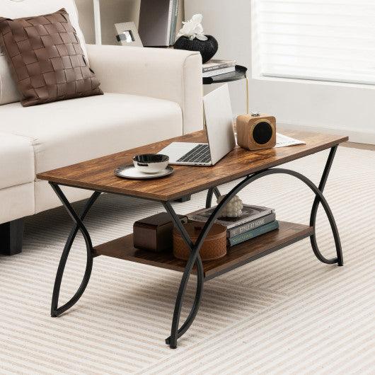 2-Tier Faux Marble Coffee Table with Marble Top and Metal Frame-Rustic Brown