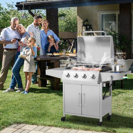 50000BTU 5-Burner Propane Gas Grill with Side Burner and 2 Prep Tables-Silver