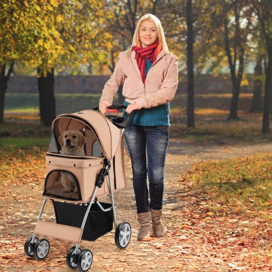 Foldable 4-Wheel Pet Stroller with Storage Basket-Beige