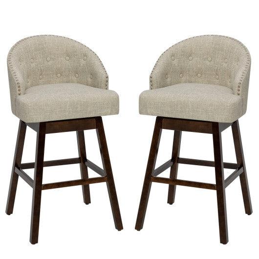 Set of 2 Swivel Bar Stools with Rubber Wood Legs and Padded Back-Beige