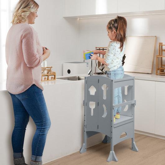 Folding Wooden Step Stool with Lockable Safety Rail for Toddler 3+-Gray